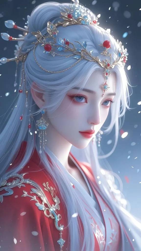 Hình nền donghua nữ fantasy váy đỏ sang trọng tóc trắng