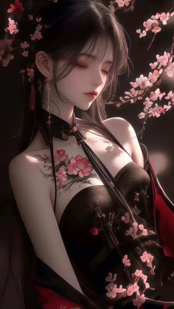 Hình nền điện thoại donghua nữ sexy nghệ thuật với người phụ nữ áo đỏ đen, hình xăm hoa anh đào và cánh hoa bay