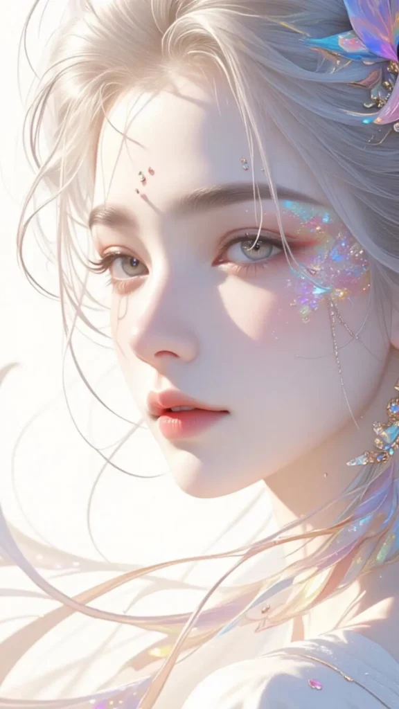 Hình nền điện thoại donghua nữ phong cách fantasy với tóc trắng, mắt sáng và trang trí hoa lấp lánh
