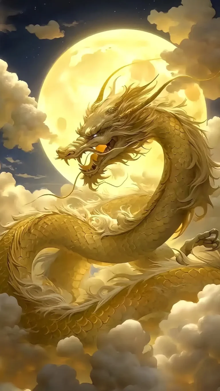 Kim Long dũng mãnh bay trước vầng trăng tròn sáng rực, hình nền thần thú huyền thoại