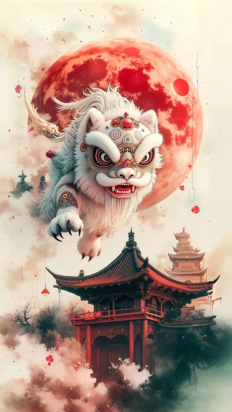 Bạch Kì Lân oai hùng bay qua ngôi chùa cổ, phía sau là vầng trăng đỏ rực, hình nền thần thú cho điện thoại