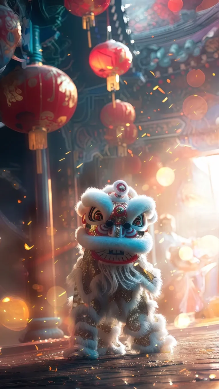Hình nền điện thoại thần thú Bạch Kì Lân trong không khí lễ hội, thần thú tượng trưng cho sự may mắn